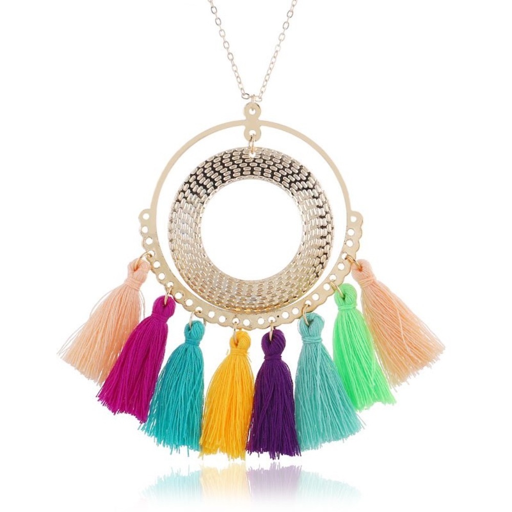 *Cicely* Round Multicolor X Gold Pendant Tassel Style Necklace